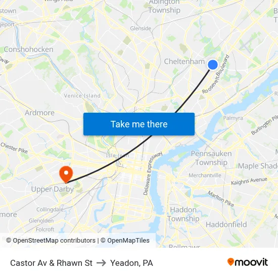 Castor Av & Rhawn St to Yeadon, PA map