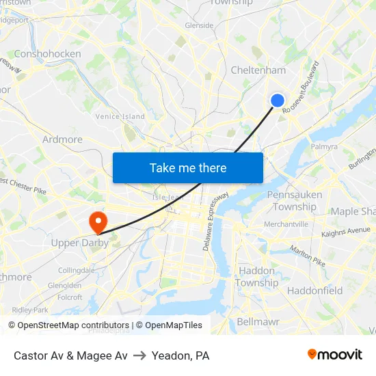 Castor Av & Magee Av to Yeadon, PA map