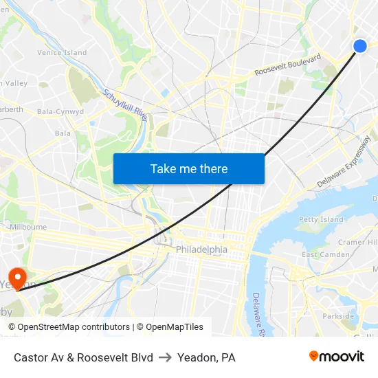Castor Av & Roosevelt Blvd to Yeadon, PA map