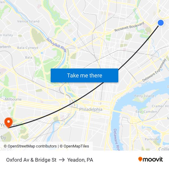 Oxford Av & Bridge St to Yeadon, PA map