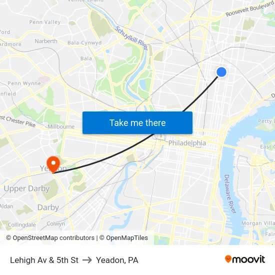 Lehigh Av & 5th St to Yeadon, PA map