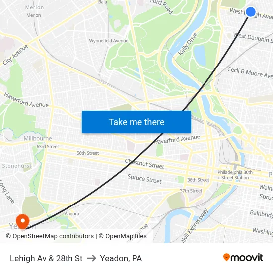 Lehigh Av & 28th St to Yeadon, PA map