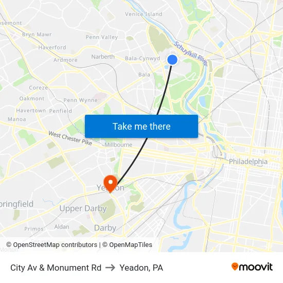 City Av & Monument Rd to Yeadon, PA map
