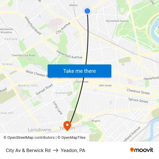 City Av & Berwick Rd to Yeadon, PA map