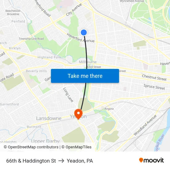 66th & Haddington St to Yeadon, PA map