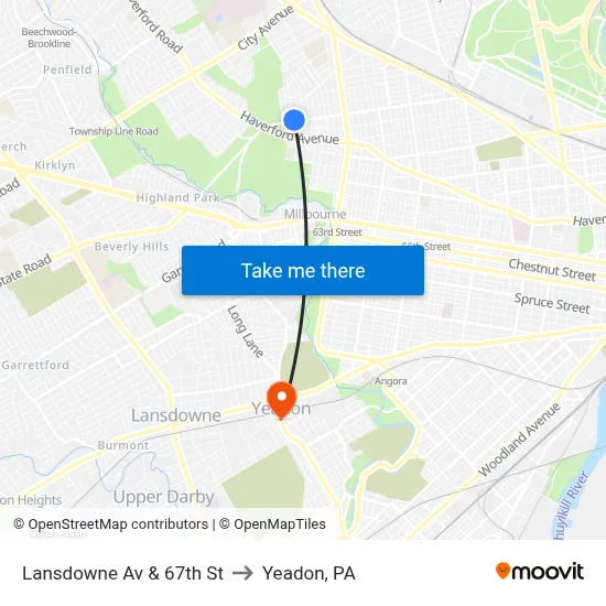 Lansdowne Av & 67th St to Yeadon, PA map