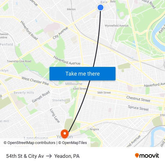 54th St & City Av to Yeadon, PA map