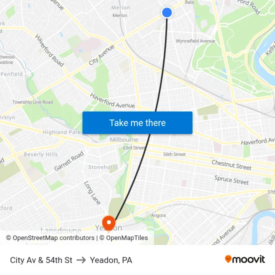 City Av & 54th St to Yeadon, PA map