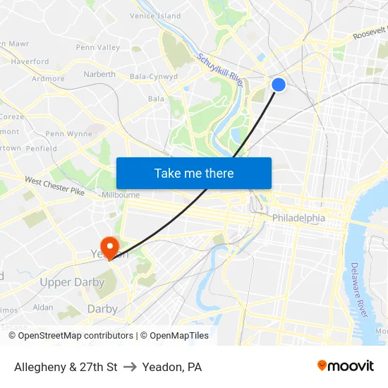 Allegheny & 27th St to Yeadon, PA map