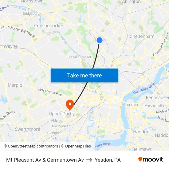 Mt Pleasant Av & Germantown Av to Yeadon, PA map