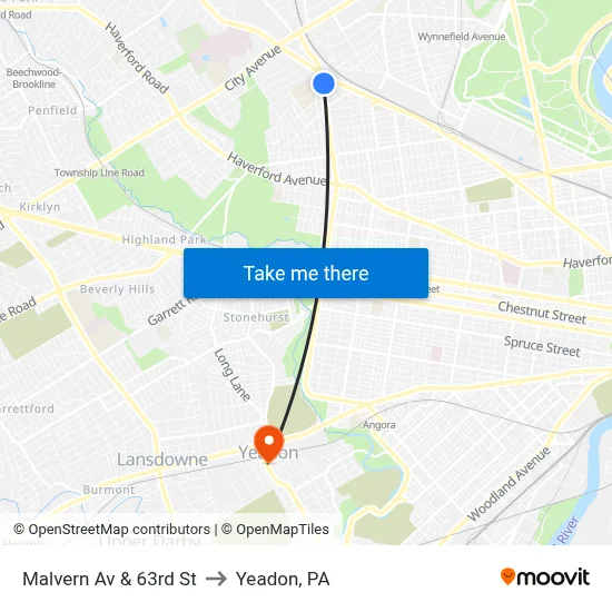 Malvern Av & 63rd St to Yeadon, PA map