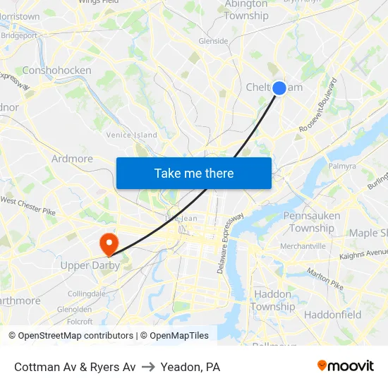 Cottman Av & Ryers Av to Yeadon, PA map