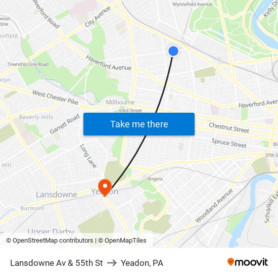Lansdowne Av & 55th St to Yeadon, PA map