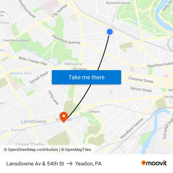 Lansdowne Av & 54th St to Yeadon, PA map