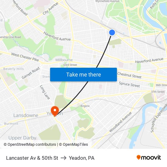 Lancaster Av & 50th St to Yeadon, PA map