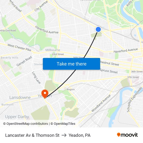 Lancaster Av & Thomson St to Yeadon, PA map