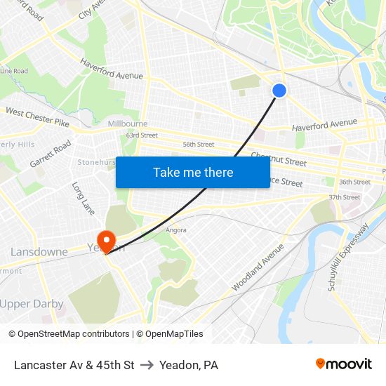Lancaster Av & 45th St to Yeadon, PA map