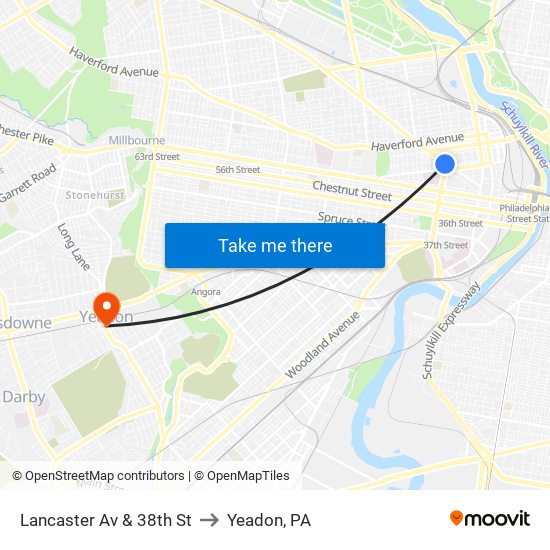 Lancaster Av & 38th St to Yeadon, PA map