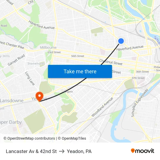 Lancaster Av & 42nd St to Yeadon, PA map