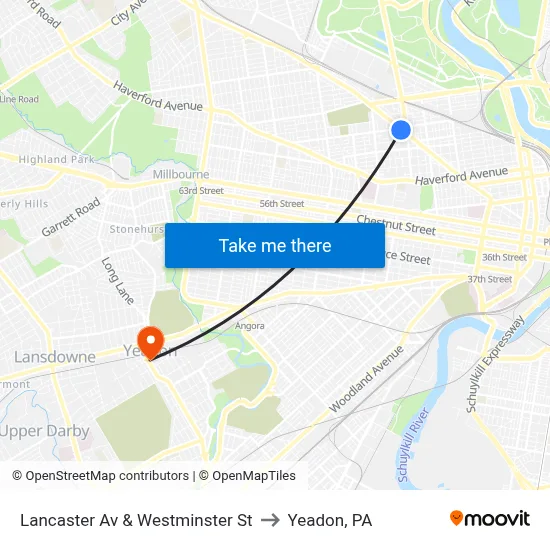 Lancaster Av & Westminster St to Yeadon, PA map