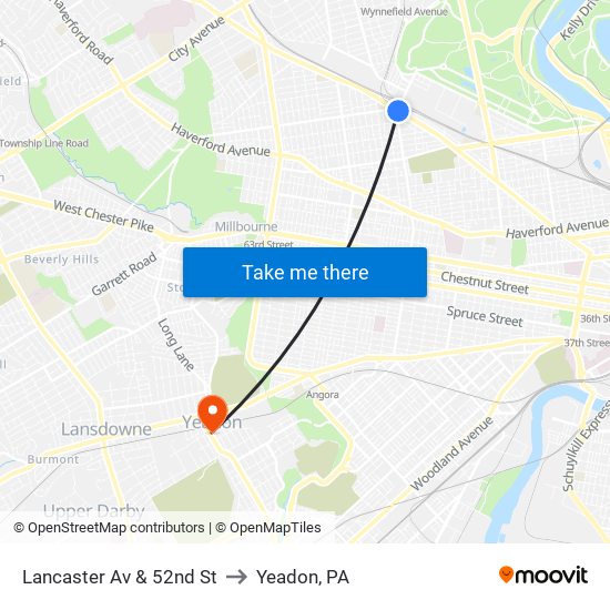 Lancaster Av & 52nd St to Yeadon, PA map