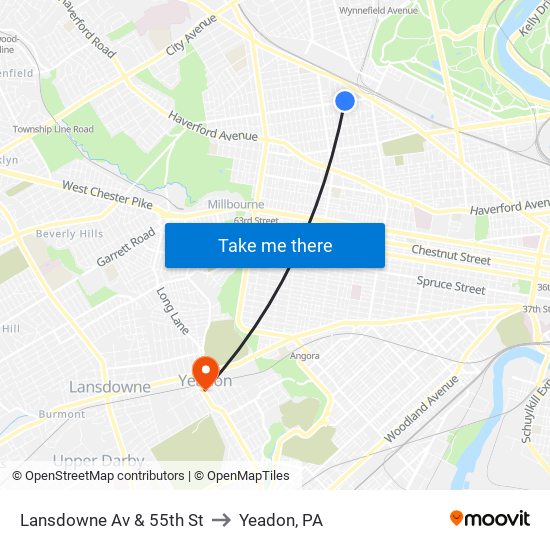 Lansdowne Av & 55th St to Yeadon, PA map