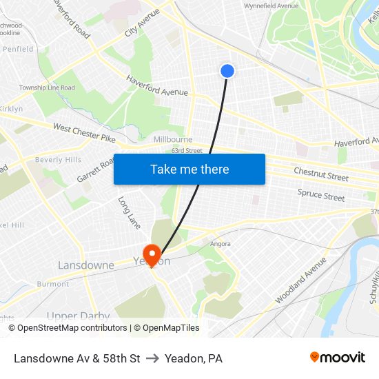 Lansdowne Av & 58th St to Yeadon, PA map