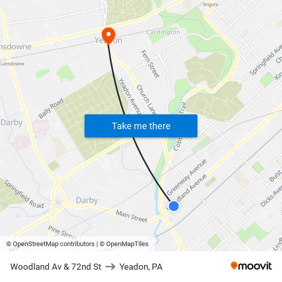 Woodland Av & 72nd St to Yeadon, PA map