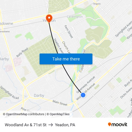 Woodland Av & 71st St to Yeadon, PA map