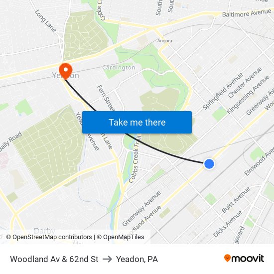 Woodland Av & 62nd St to Yeadon, PA map