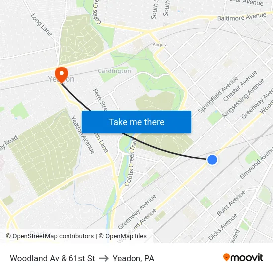 Woodland Av & 61st St to Yeadon, PA map