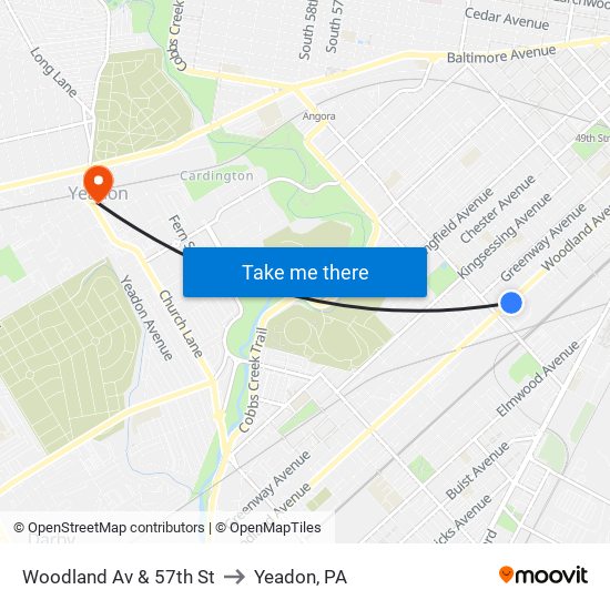 Woodland Av & 57th St to Yeadon, PA map