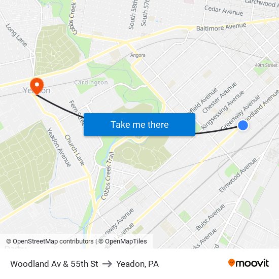 Woodland Av & 55th St to Yeadon, PA map