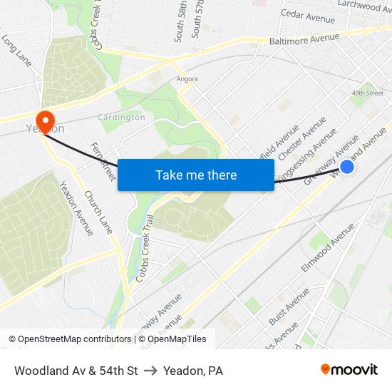 Woodland Av & 54th St to Yeadon, PA map