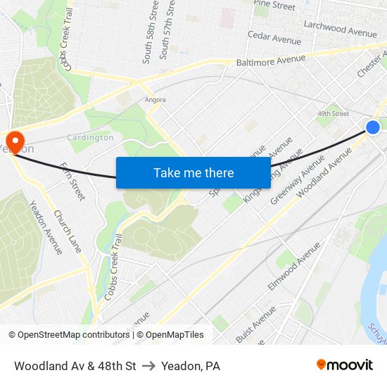 Woodland Av & 48th St to Yeadon, PA map