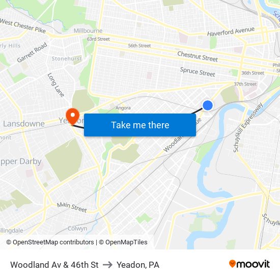 Woodland Av & 46th St to Yeadon, PA map