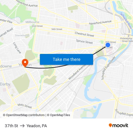 37th St to Yeadon, PA map