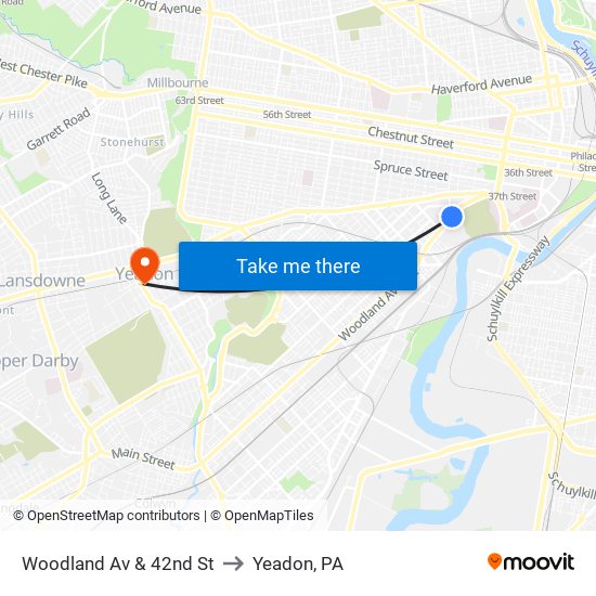 Woodland Av & 42nd St to Yeadon, PA map