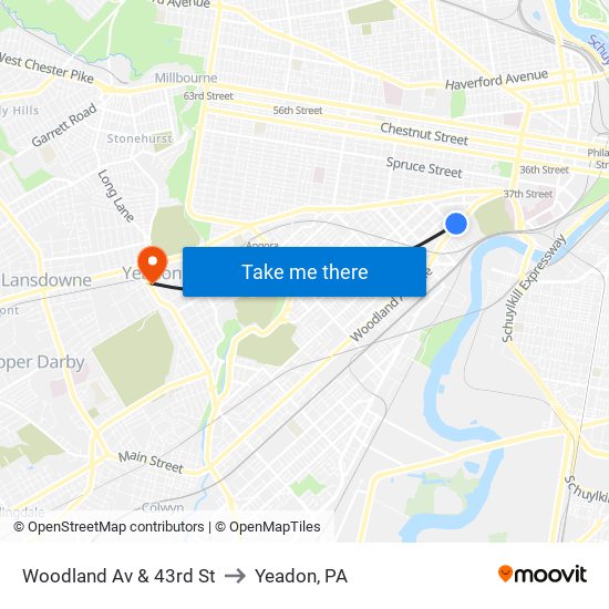 Woodland Av & 43rd St to Yeadon, PA map