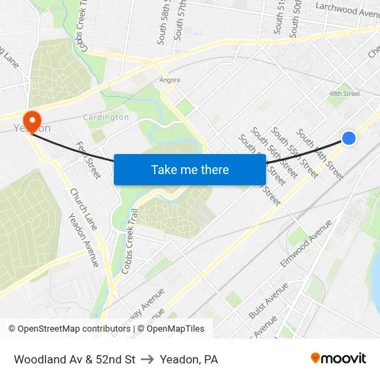 Woodland Av & 52nd St to Yeadon, PA map