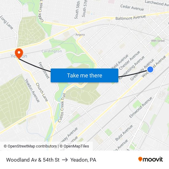 Woodland Av & 54th St to Yeadon, PA map