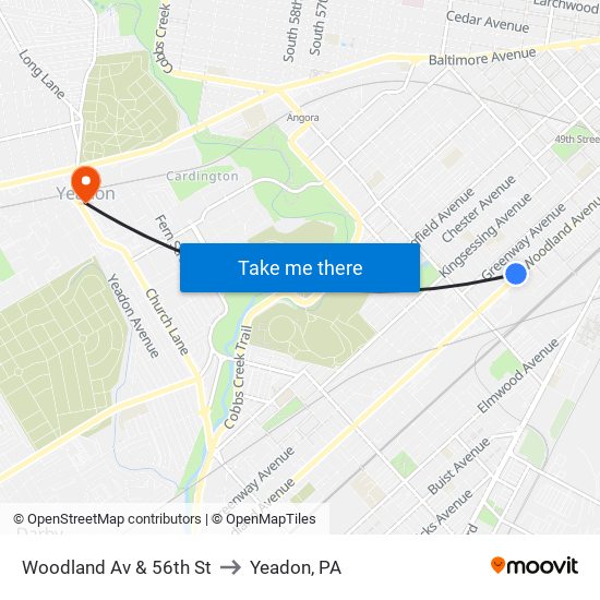 Woodland Av & 56th St to Yeadon, PA map