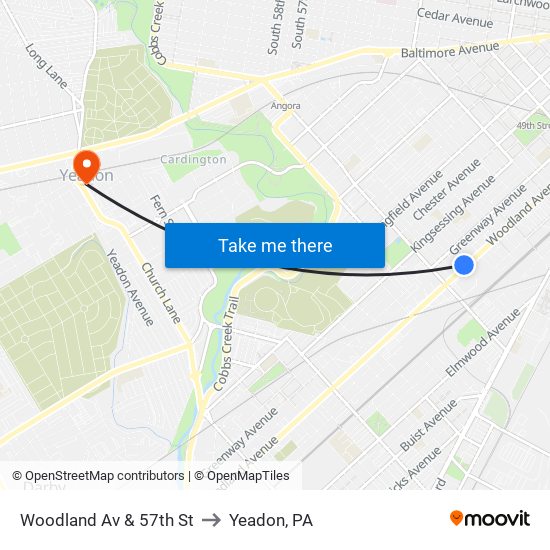 Woodland Av & 57th St to Yeadon, PA map