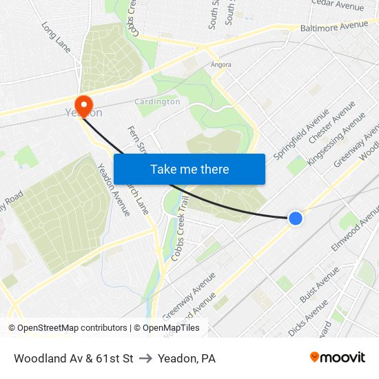 Woodland Av & 61st St to Yeadon, PA map