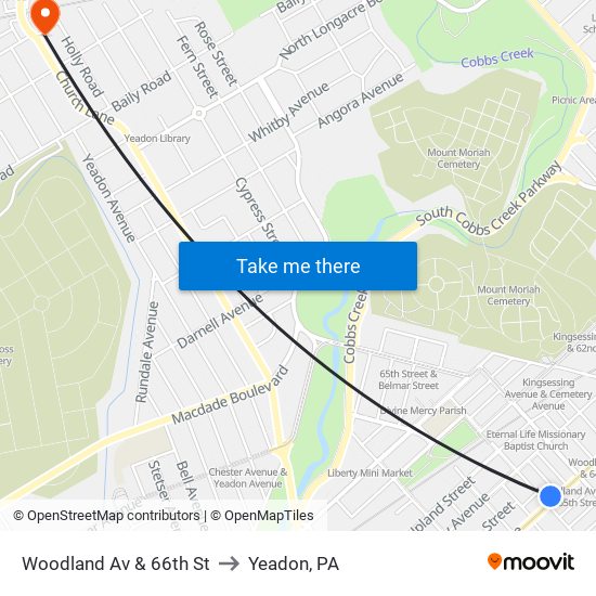 Woodland Av & 66th St to Yeadon, PA map
