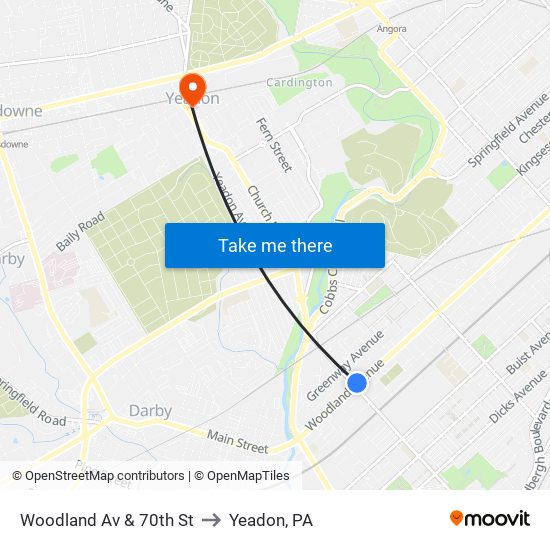 Woodland Av & 70th St to Yeadon, PA map