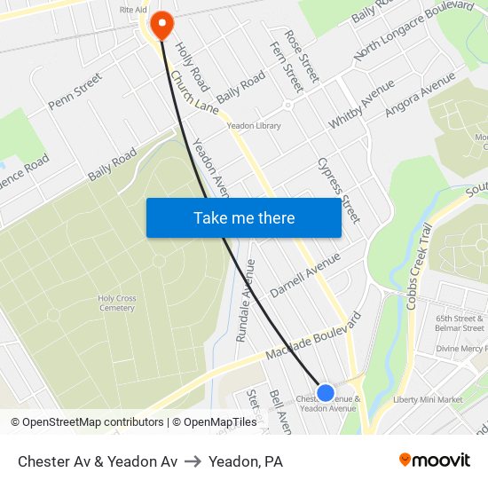 Chester Av & Yeadon Av to Yeadon, PA map