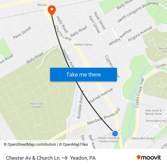 Chester Av & Church Ln to Yeadon, PA map