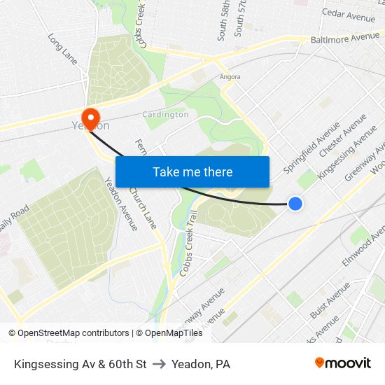 Kingsessing Av & 60th St to Yeadon, PA map