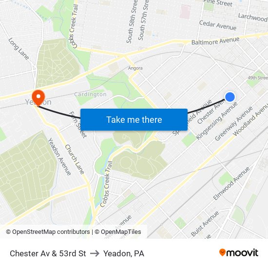 Chester Av & 53rd St to Yeadon, PA map